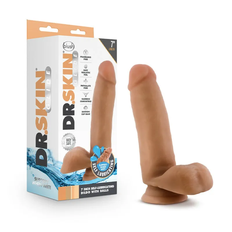 Dr. Skin Glide Realistic 7 in. Self-Lubricating Dildo with Balls Tan