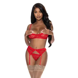 Magic Silk Ooh La Lace Demi Bra. Garter & Tanga Set Red S/M